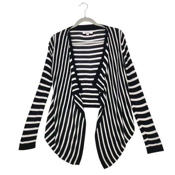 DKNY Women's Open Front Waterfall Cardigan Size Large Sweater Black Striped - Picture 1 of 9